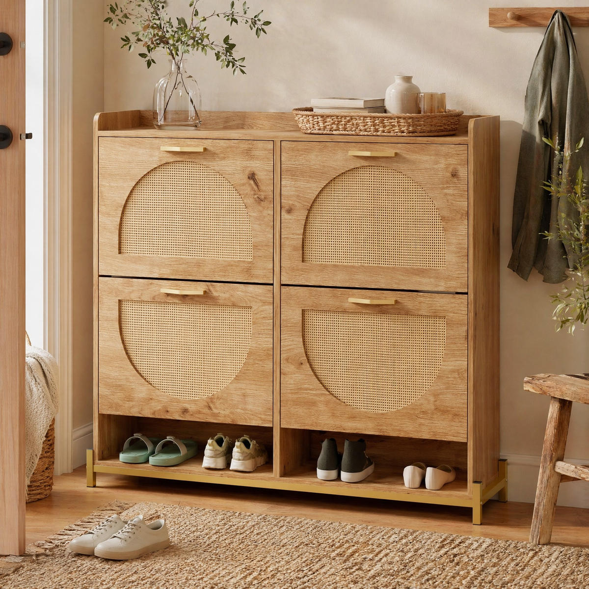 SCHUHSCHRANK in Naturfarben Schuhkipper mit 4 Rattantüren für Eingangsbereich und Flur, B108.5/T24/H100 cm - Goldfarben/Naturfarben, Holzwerkstoff/Metall (108.5/100/24cm) - STILVORA