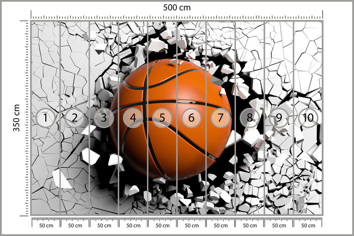FOTOTAPETE für Jugendzimmer Basketball Wandbruch Sport 500x350 - Schwarz/Orange, Papier (500/350cm) - Muralo