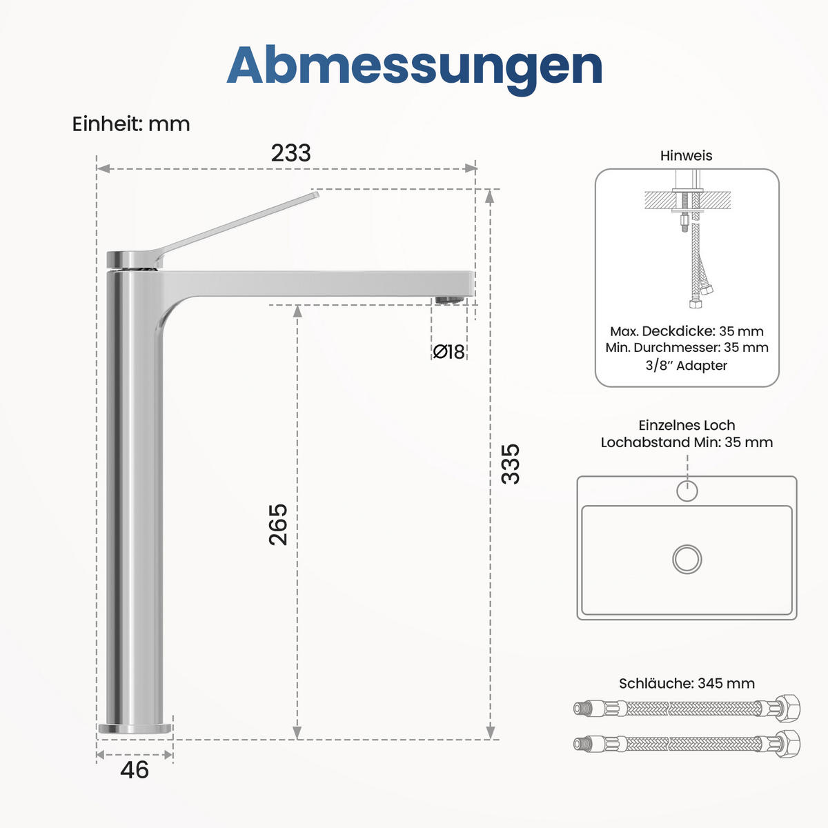 WASCHTISCHARMATUR mit Zertifiziertem Filterelement Verchromt Hoher Stil - Chromfarben, Metall (23.3/4.6/33.5cm) - EMKE