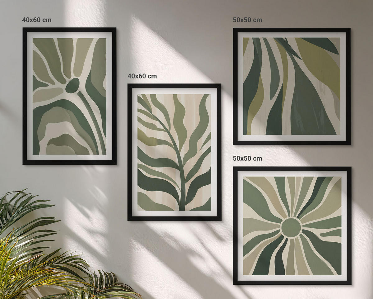 BILDER SET 4er Set - 50x50 cm & 40x60 cm Schwarzer Rahmen - Bemalte Blätter mit Grün - Schwarz, Kunststoff (50/50cm) - TULUP