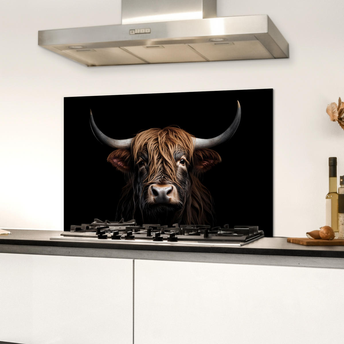 SPRITZSCHUTZ KÜCHE Schottischer Highlander - Porträt - Schwarz - Tier 60x40 cm - Braun, Metall (60/0.3/40cm) - MuchoWow