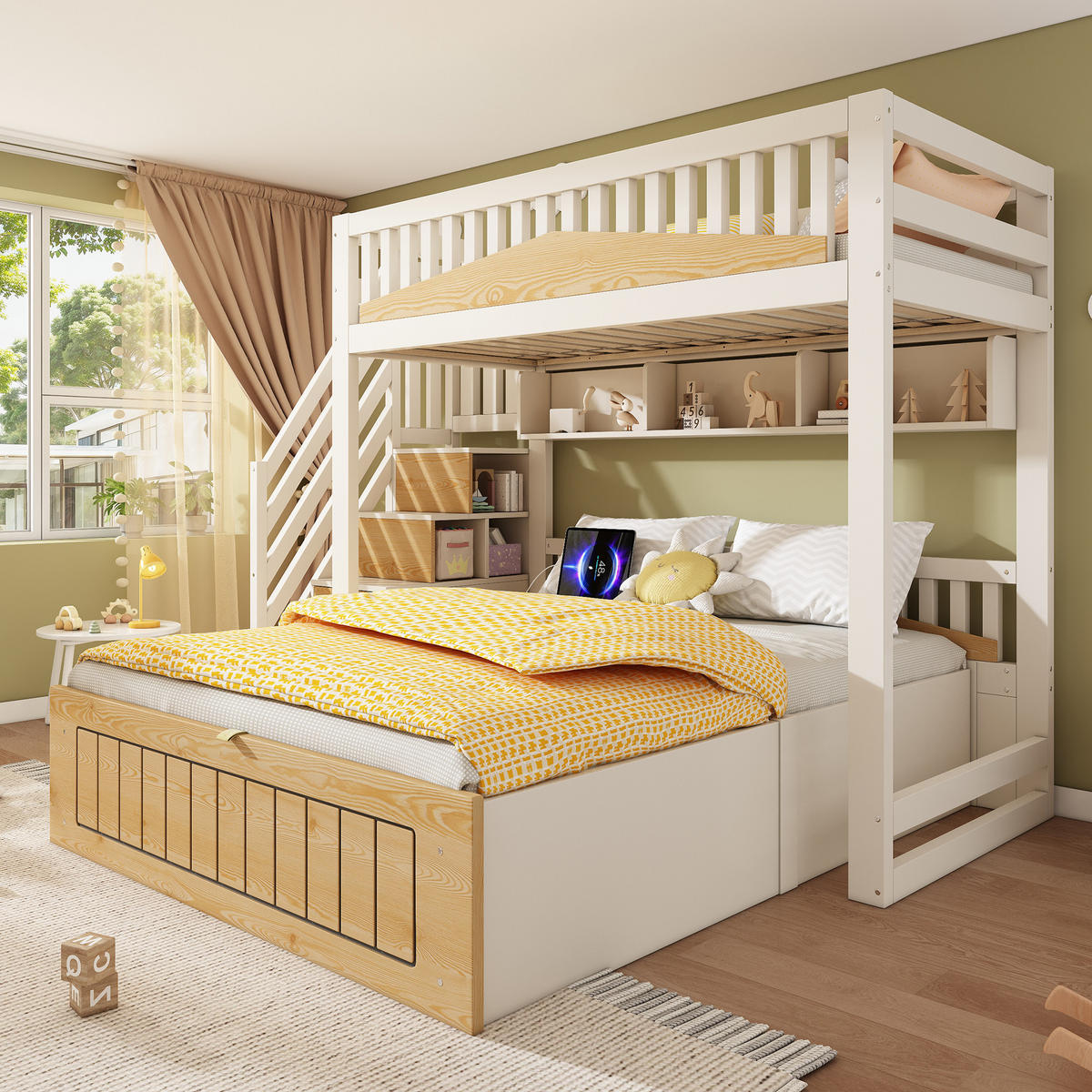 ETAGENBETT 90/200 cm & 140/200 cm in Weiß & Natur mit Stauraum, Regal und USB - Weiß/Naturfarben, Holz/Holzwerkstoff (90/200cm) - WISHDOR