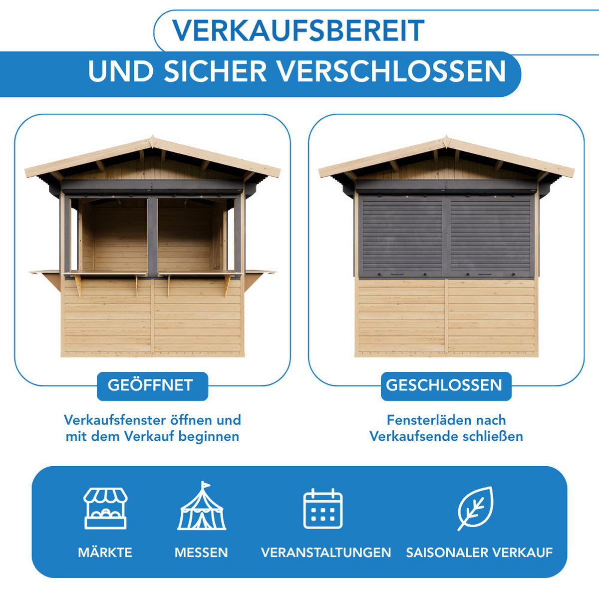 VERKAUFSSTAND aus Holz mit Rollläden 4 m², zerlegbarer Marktstand mit 4 abschließbaren Rollläden für Märkte und Events - Naturfarben, Holz (253/232/263cm) - Timbela