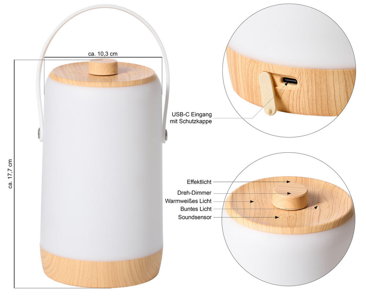 LED-AKKU-LATERNE - dimmbar mit warmweißem und buntem RGB-Licht, Soundsensor und Holzhenkel für Garten und Terrasse, 1er-Set - Weiß, Kunststoff (10.3/10.3/17.3cm) - Northpoint