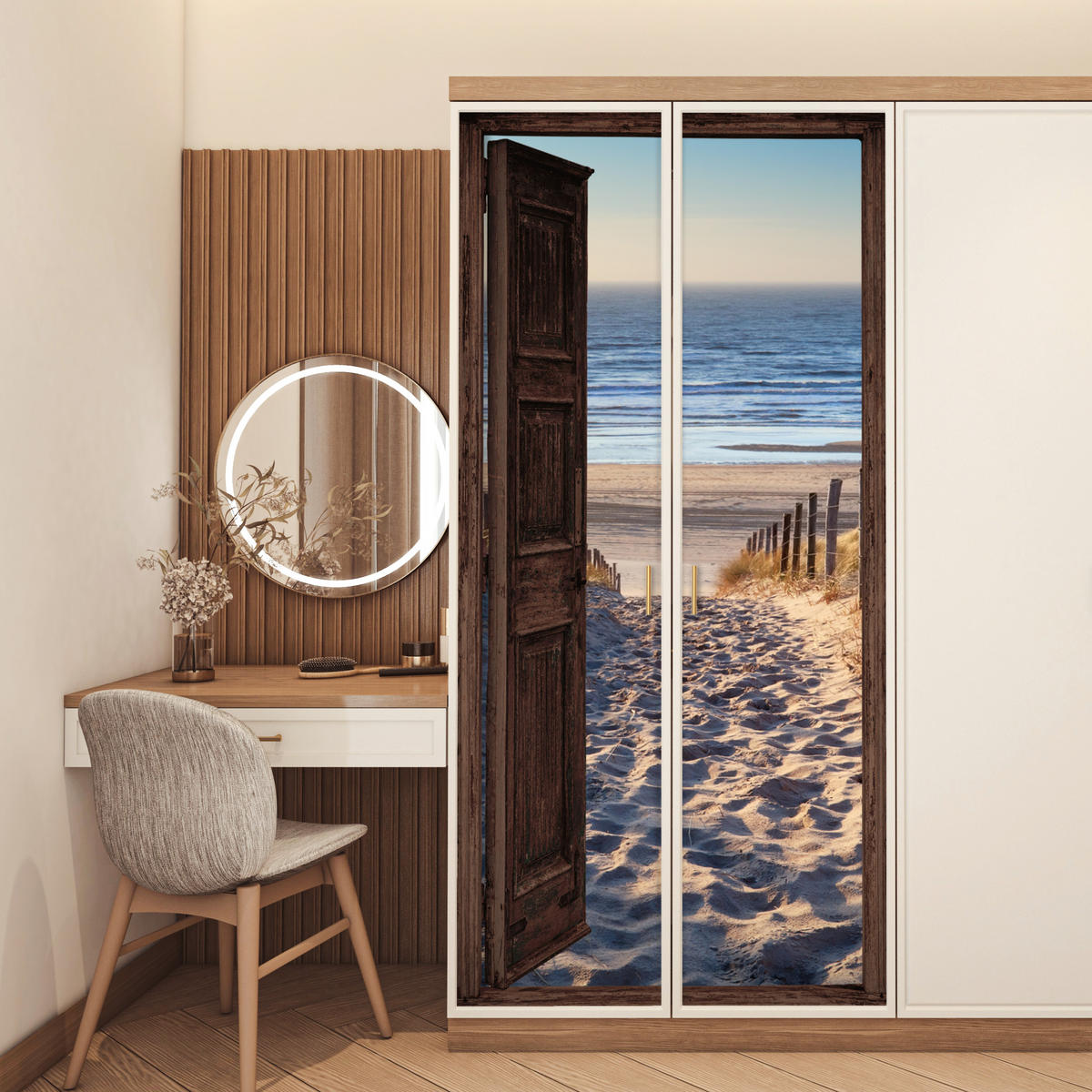 TÜRAUFKLEBER Selbstklebend - Fensterblick - Strand - Meer - Weg - Dünen 95x215 cm - Türtapete - Sandfarben, Kunststoff (95/0.1cm) - MuchoWow