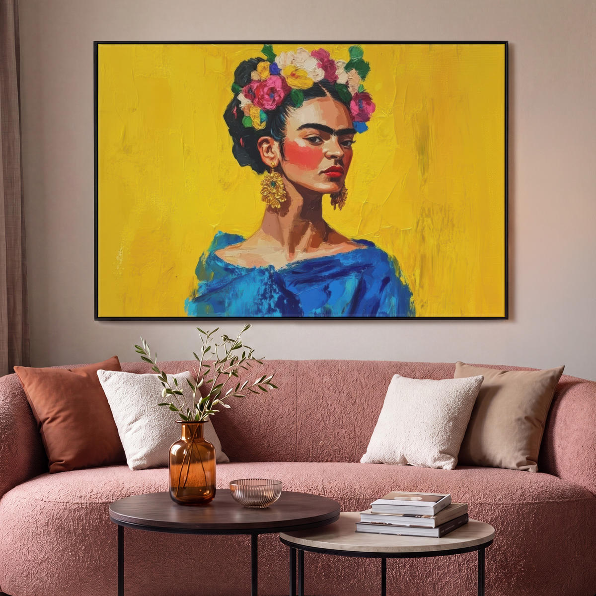 LEINWAND Bilder mit Rahmen - Frida Kahlo - Frau - Gelb - Blau - Blumen - 120x80 - Gelb, Textil (120/80cm) - MuchoWow