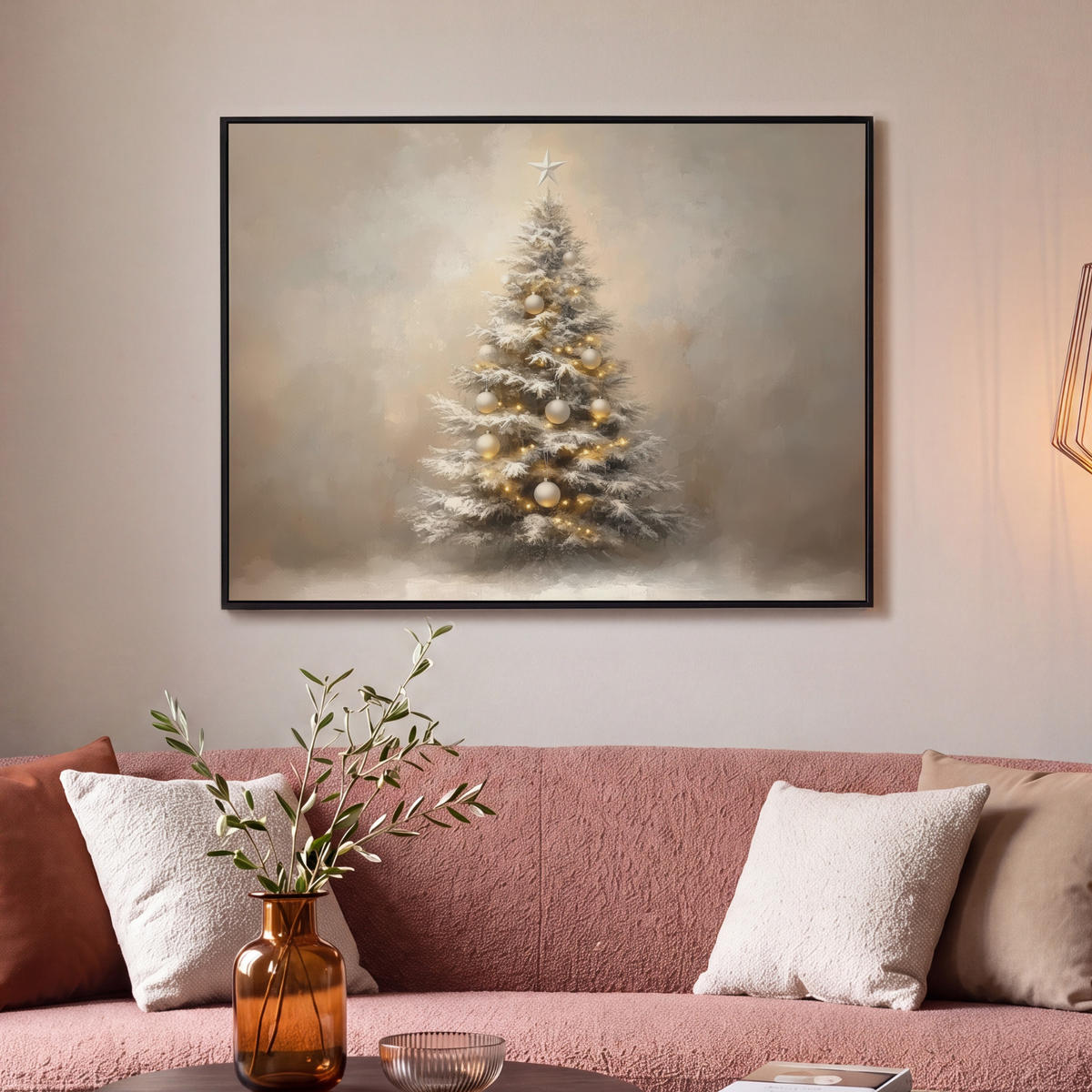 LEINWAND Bilder mit Rahmen - Weihnachten - Weihnachtsbaum - Schnee - Kunst - 100x70 - Champagner, Textil (100/70cm) - MuchoWow