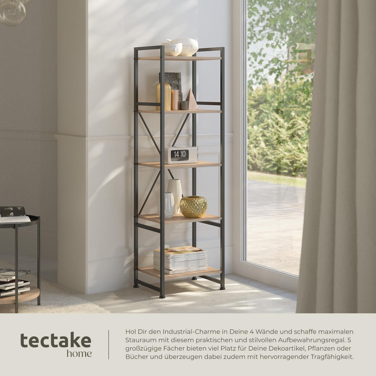REGAL Manchester,inklusive Kippschutz, 47,5 x 34,5 x 151,5 cm,Industrial Holz hell, Eiche Sonoma - Naturfarben, Holz (34.5/151.5/47.5cm) - tectake