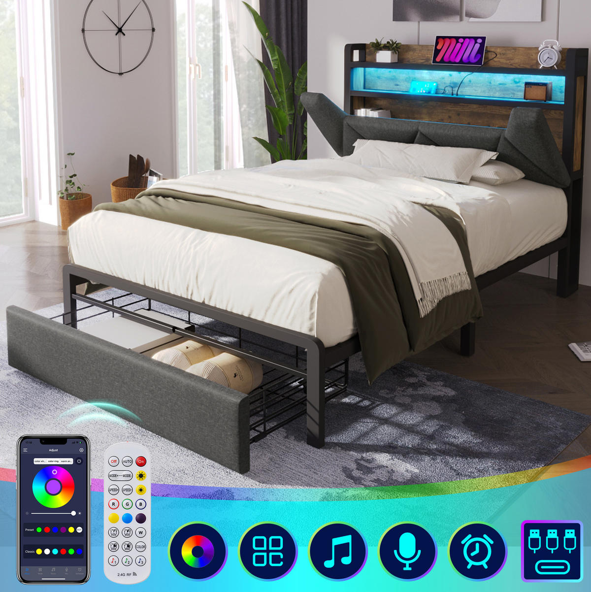 ČALOUNĚNÁ postel 90/200 cm šedá z lnu s LED osvětlením, úložným čelem a USB - šedá, textil (90/200cm) - OKWISH