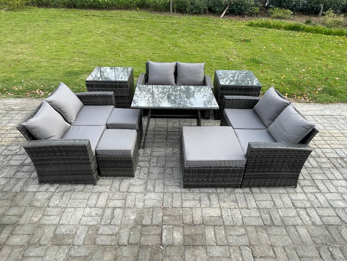 GARTENMÖBELSET mit ESSTISCH,HOCHLEHNER-SOFA Polyrattan Dunkelgrauer Mix 9-Sitzer - Dunkelgrau/Grau, Glas/Kunststoff - Fimous