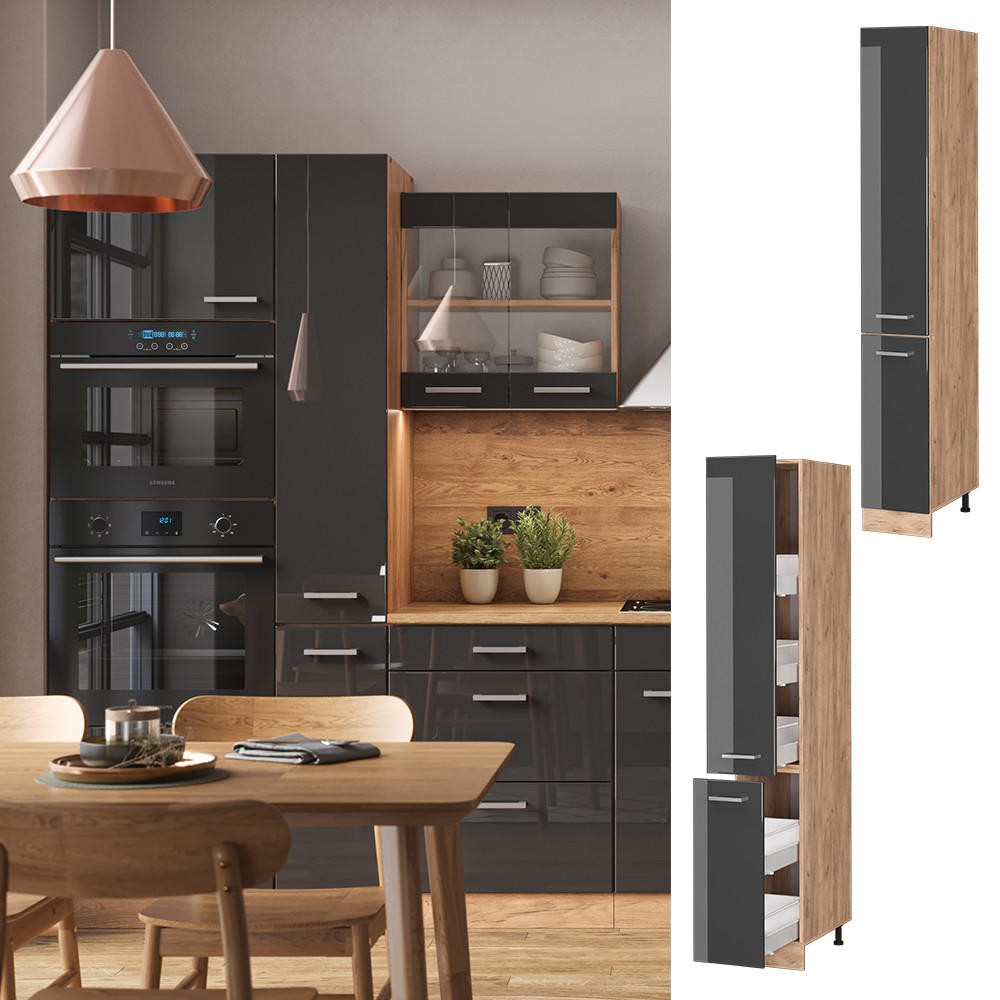 APOTHEKERSCHRANK R-Line Anthrazit Hochglanz 30 cm - Honigeiche/Schwarz Hochglanz, Holzwerkstoff (30/206.8/57.2cm) - Vicco