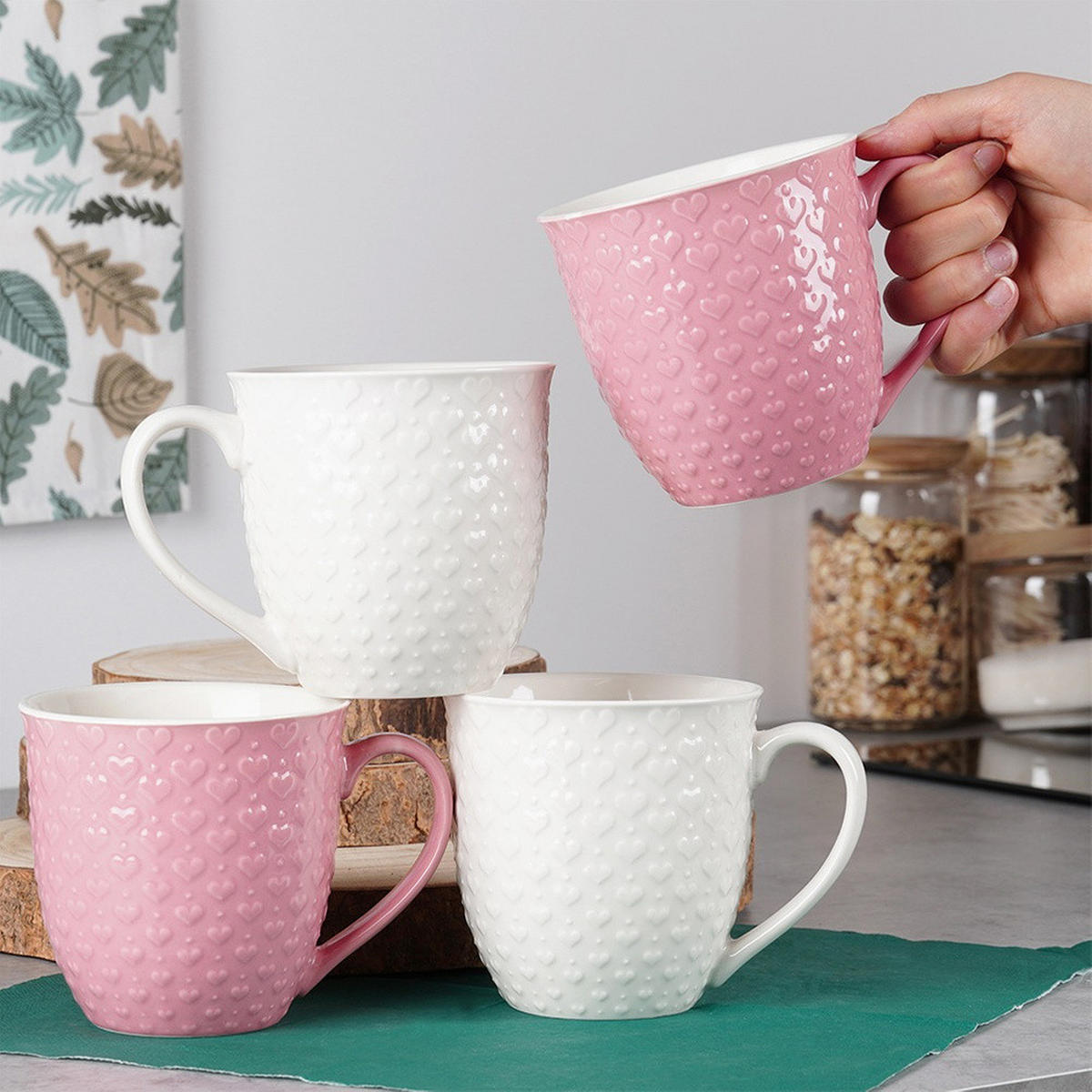KERAMIKBECHER-SET HERZ, Keramik, rosa/weiß, 4 Stk., 580 ml - Weiß, Keramik (0.58L) - Orion 