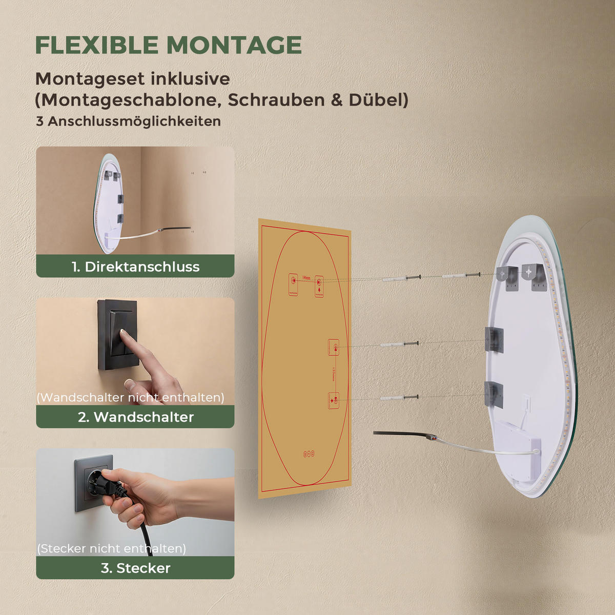 BADSPIEGEL mit Beleuchtung 48/72 cm asymmetrisch rahmenlos LED dimmbar mit Antibeschlag - Transparent, Glas (72/48/2.5cm) - S'AFIELINA