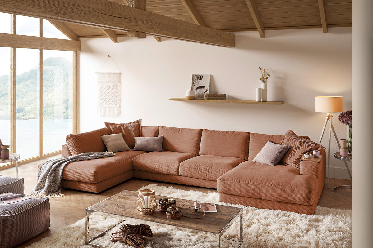 WOHNLANDSCHAFT MADELINE Braun Cord - Rotbraun/Schwarz, Kunststoff/Textil (425/86/224cm) - KAWOLA