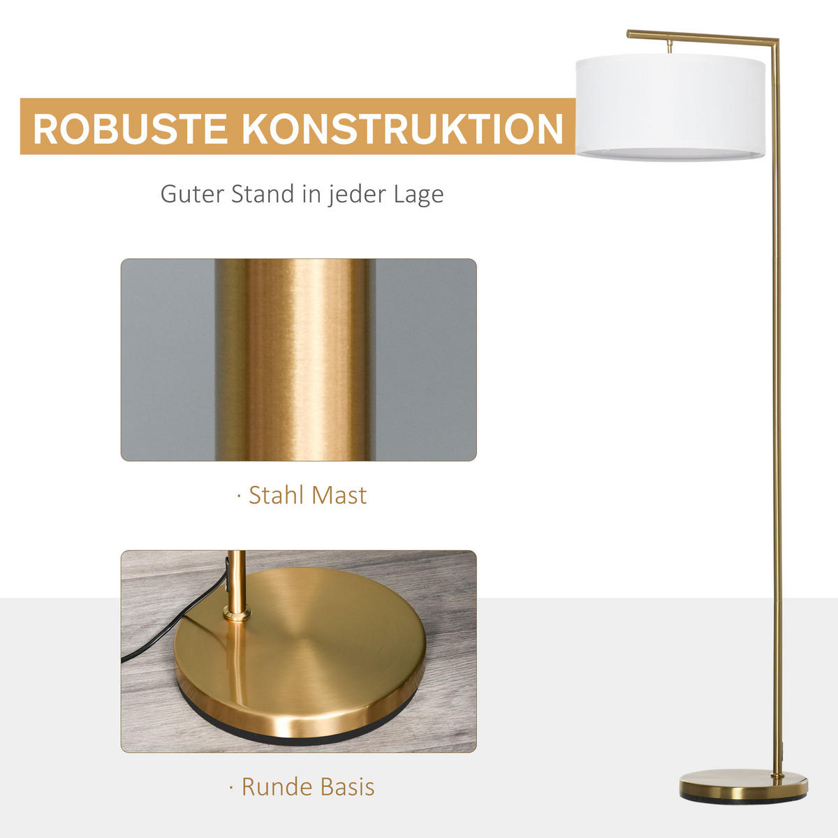 STEHLAMPE Stehleuchte E27 Sockel für Wohnzimmer Stahl Stoffschirm Goldoptik - Multicolor, Metall (47/37/153cm) - HOMCOM