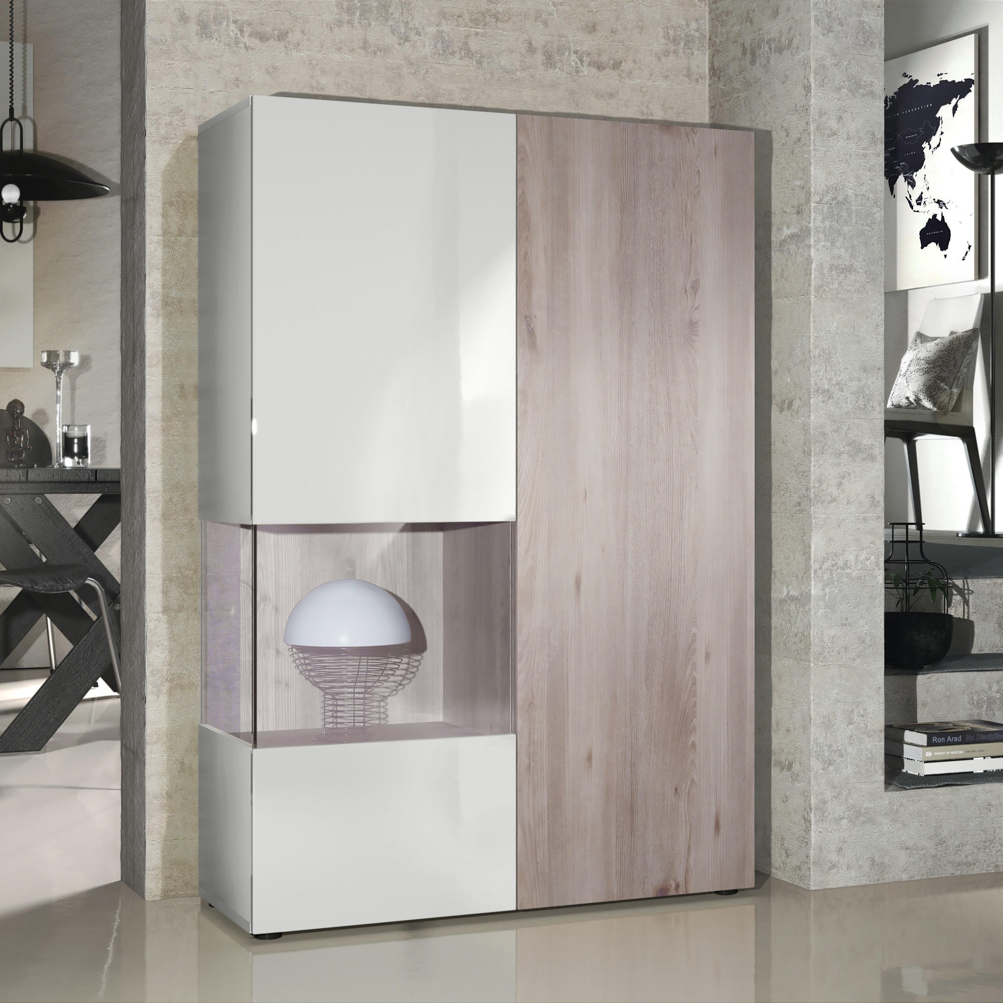 VITRINE Morena Tür und Einsatz in Eiche Nordic - Silbereichenfarben, Holzwerkstoff (91.5/136.5/37cm) - Vladon