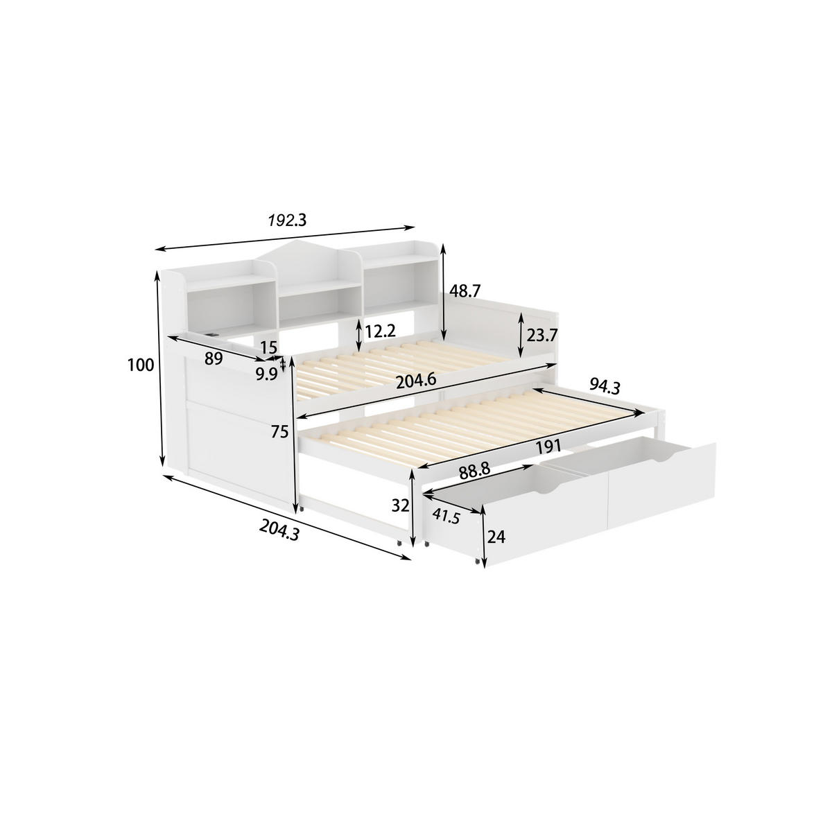 BETT 90/200 cm mit ausziehbarem Bett 90/190 cm und Schubladen in Weiß - Weiß, Holz (90/200cm) - OKWISH