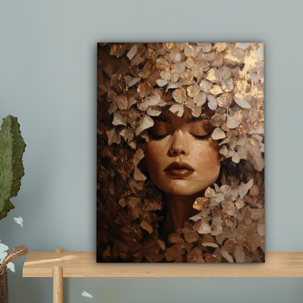 LEINWANDBILD Gesicht - Dame - Blätter - Pinselstriche Room Decor 30x40 cm - Goldfarben, Textil (30/40cm) - MuchoWow