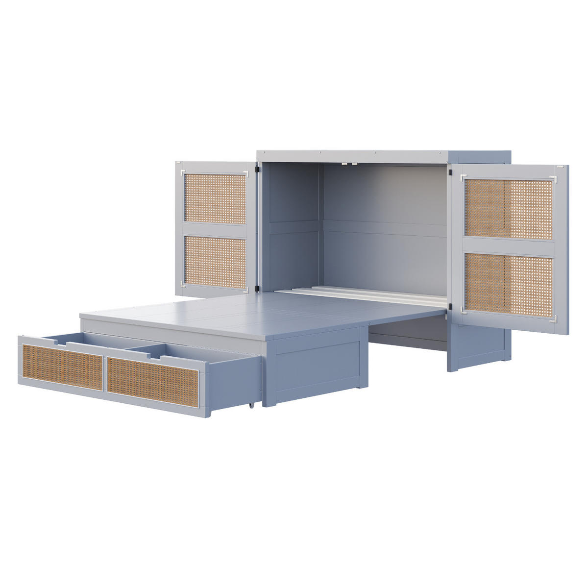 ZIDNI krevet od drva 140x200 cm sivi sa spremišnim ladicama, rotirajućim vratima 270° i ratan detaljima - siva, drvni materijal (135/190cm) - Modfu