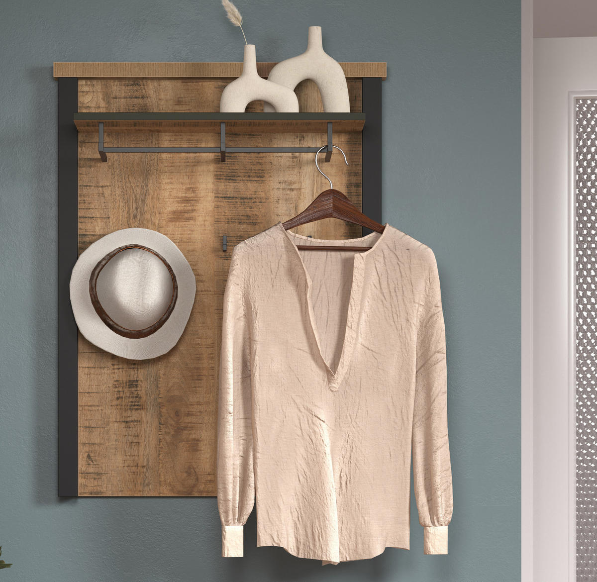 GARDEROBENPANEEL Mango, schwarz 73 x 95 cm, Wandgarderobe mit Kleiderstange - Schwarz/Naturfarben, Holzwerkstoff/Metall (73/95/27cm) - Top.Furn