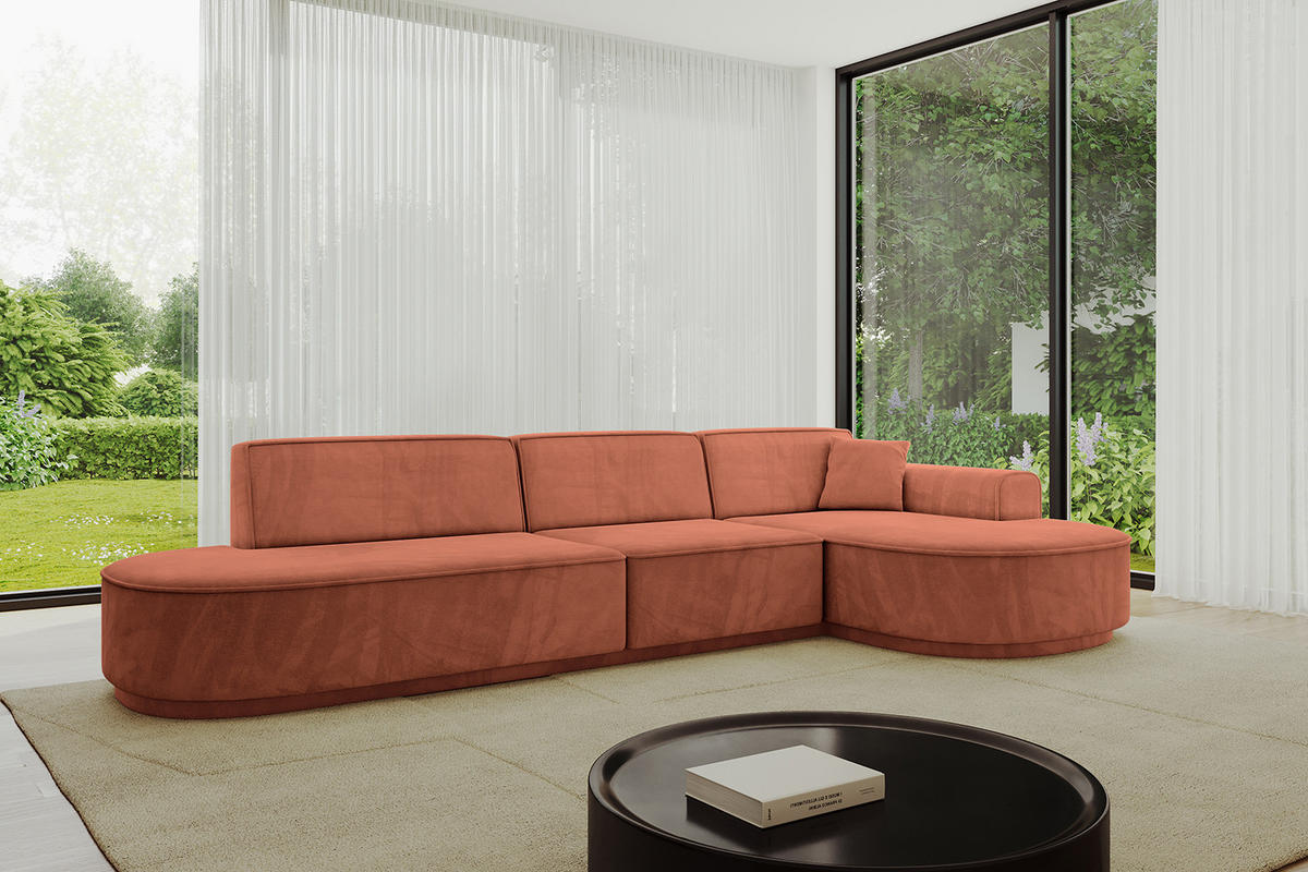 ECKSOFA Ottomane Rechts MARI-L2-v3 - 328x171x83 cm Koralle Velours - Koralle/Schwarz, Holzwerkstoff/Kunststoff (171/328cm) - ALTDECOR