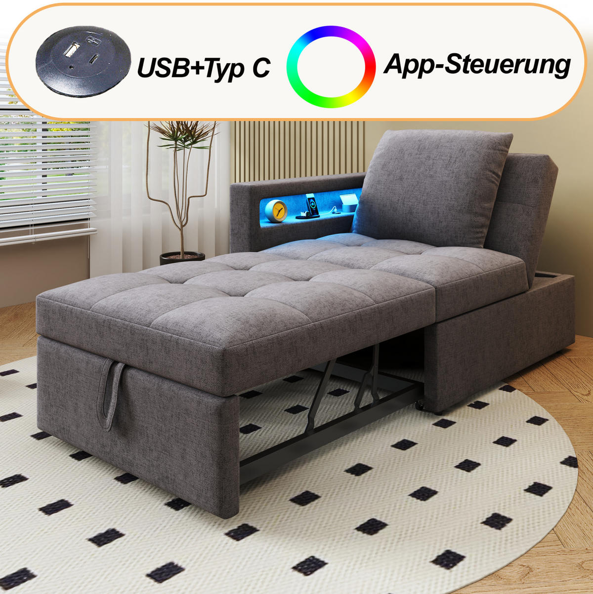 SCHLAFSOFA 3-in-1 Leinenstoff mit 5-fach verstellbarer Rückenlehne und USB-Anschluss Dunkelgrau 177/68/65 cm - Dunkelgrau, Textil (68/65/177cm) - Redom