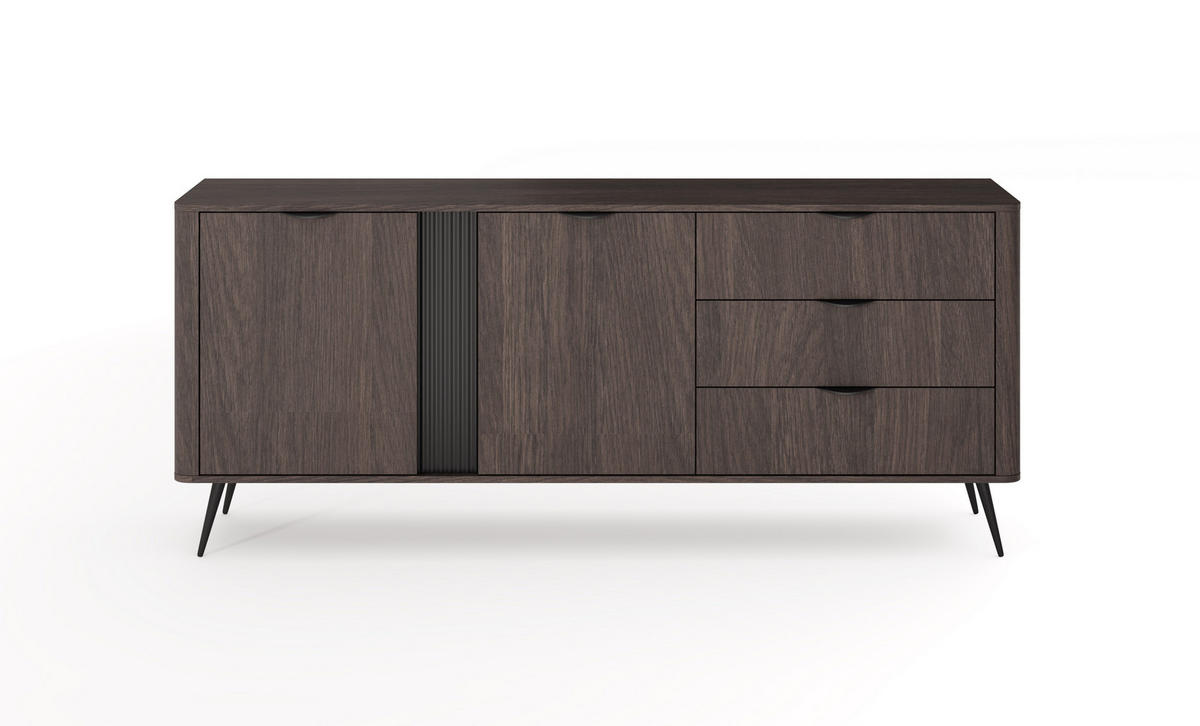 SIDEBOARD Arvis Eiche Dunin, Zweitürig mit Schubladen - Eichefarben/Schwarz, Holzwerkstoff (195/81/38cm) - Bettso