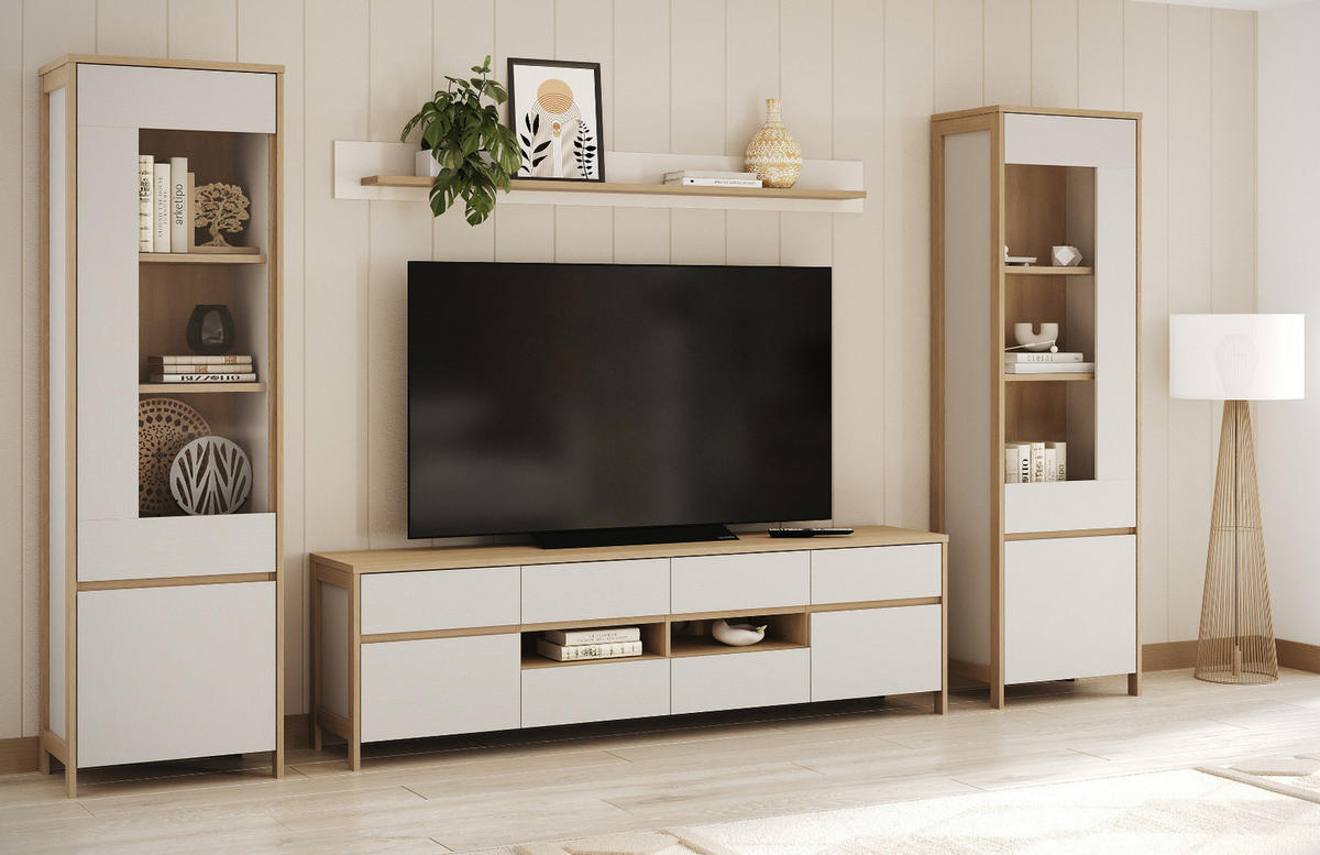 WOHNWAND weiß, Eiche 4-teilig 339 cm, Wohnkombination skandinavisch mit Soft-Close, Finnes - Eichefarben/Weiß, Glas/Holzwerkstoff (339/195/39cm) - Furn.Design