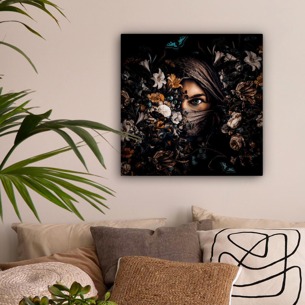 LEINWANDBILD Frau - Luxus - Blumen - Schmetterling - Porträt Wandbild Wohnzimmer 50x50 cm - Schwarz, Textil (50/50cm) - MuchoWow