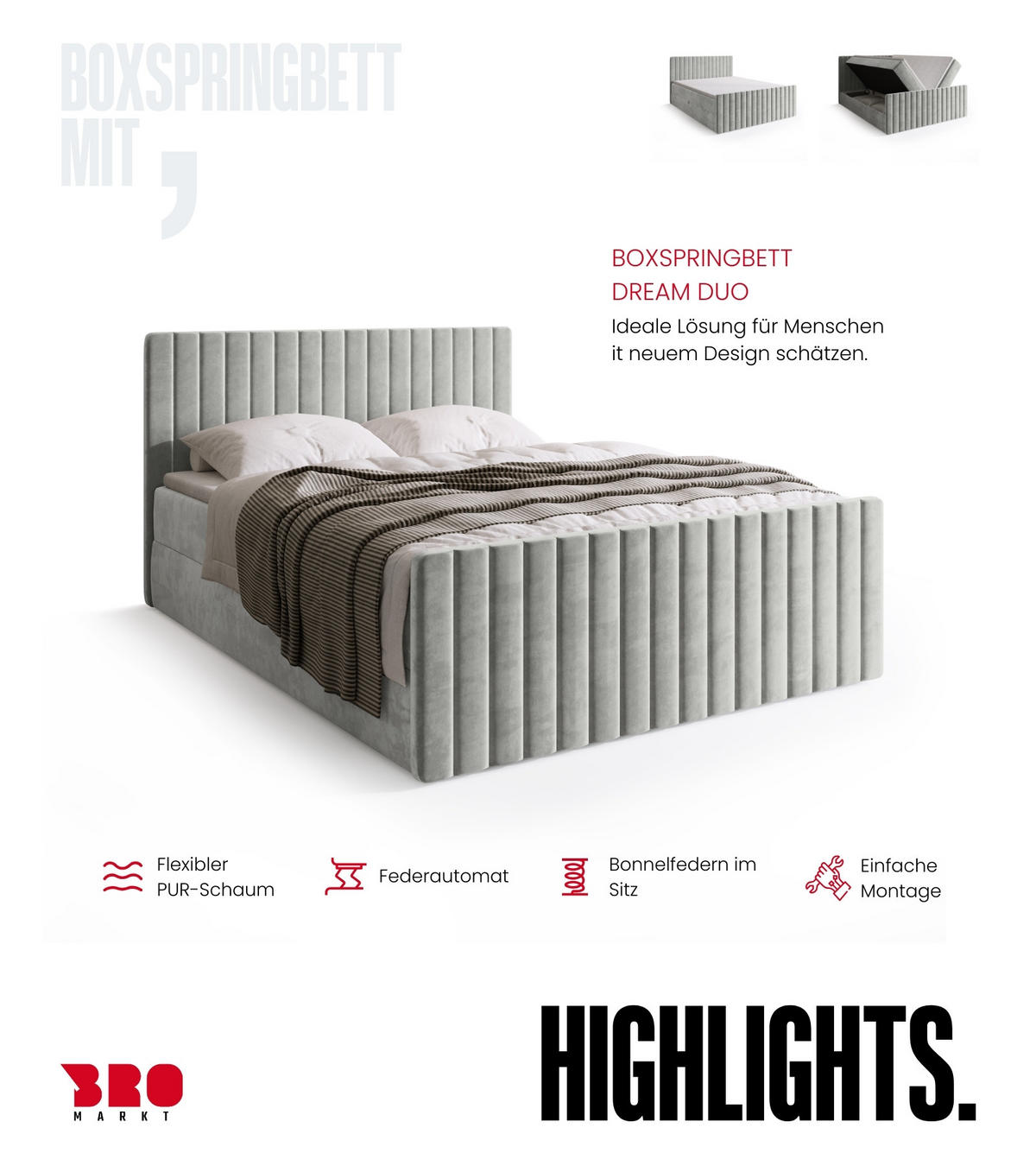 BOXSPRINGBETT Dream Duo mit Topper 160/200 Grau - Hellgrau, Kunststoff (160/200cm) - Bromarkt