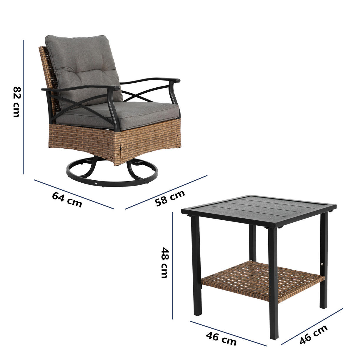GARTENSTUHL SET 3-tlg Polyrattan Braun/Grau 2 Dreh-Schaukelstühle mit Beistelltisch - Graubraun, Metall - Urban Meuble