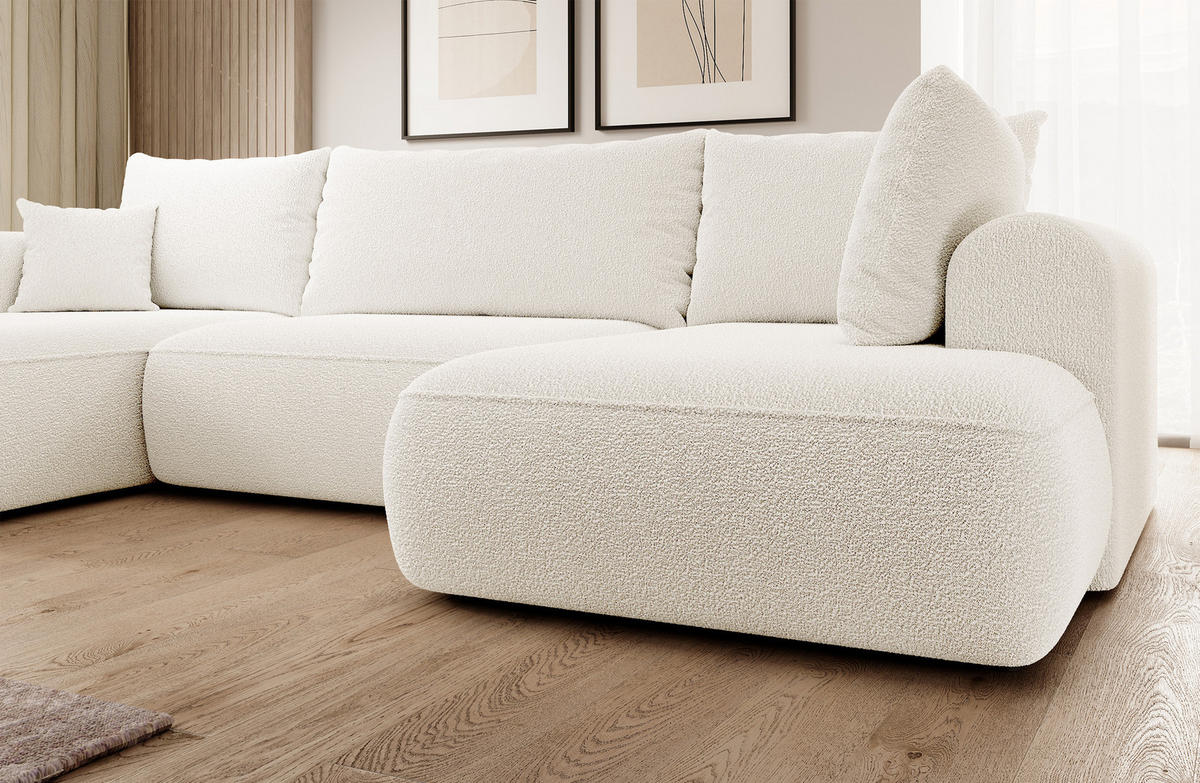 WOHNLANDSCHAFT Ovo Creme Boucle - Creme/Schwarz, Textil (375/95/185cm) - Selsey