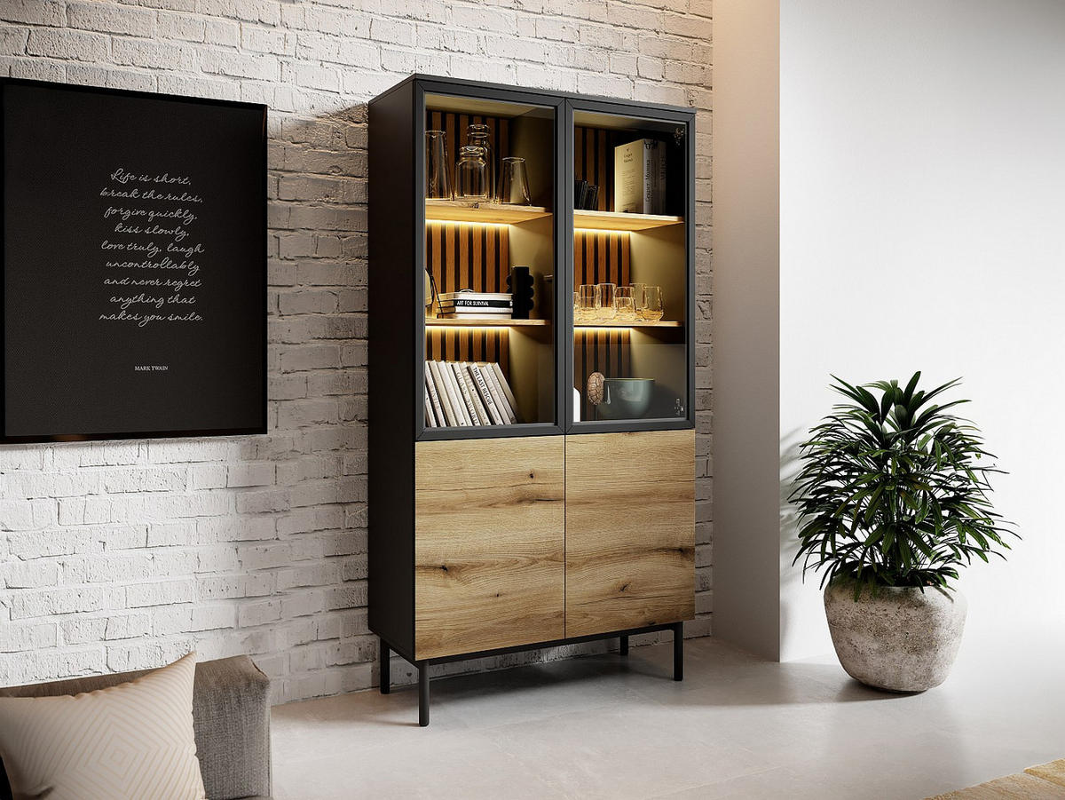 VITRINENSCHRANK mit 4 Türen - Mit LED-Beleuchtung - Holzfarben & Schwarz - LABENIA - Schwarz, Holz (100.1/188.4/39.4cm) - Vente-Unique