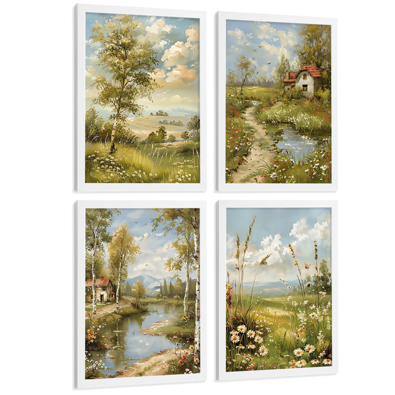 POSTER 4er Bilder-Set Wandbilder Impressionismus Landschaft modern Wohnzimmer Deko, Schlafzimmer, Küche, Badezimmer Weißer Rahmen A4 - Weiß, Papier (29.7/1/21cm) - Nacnic