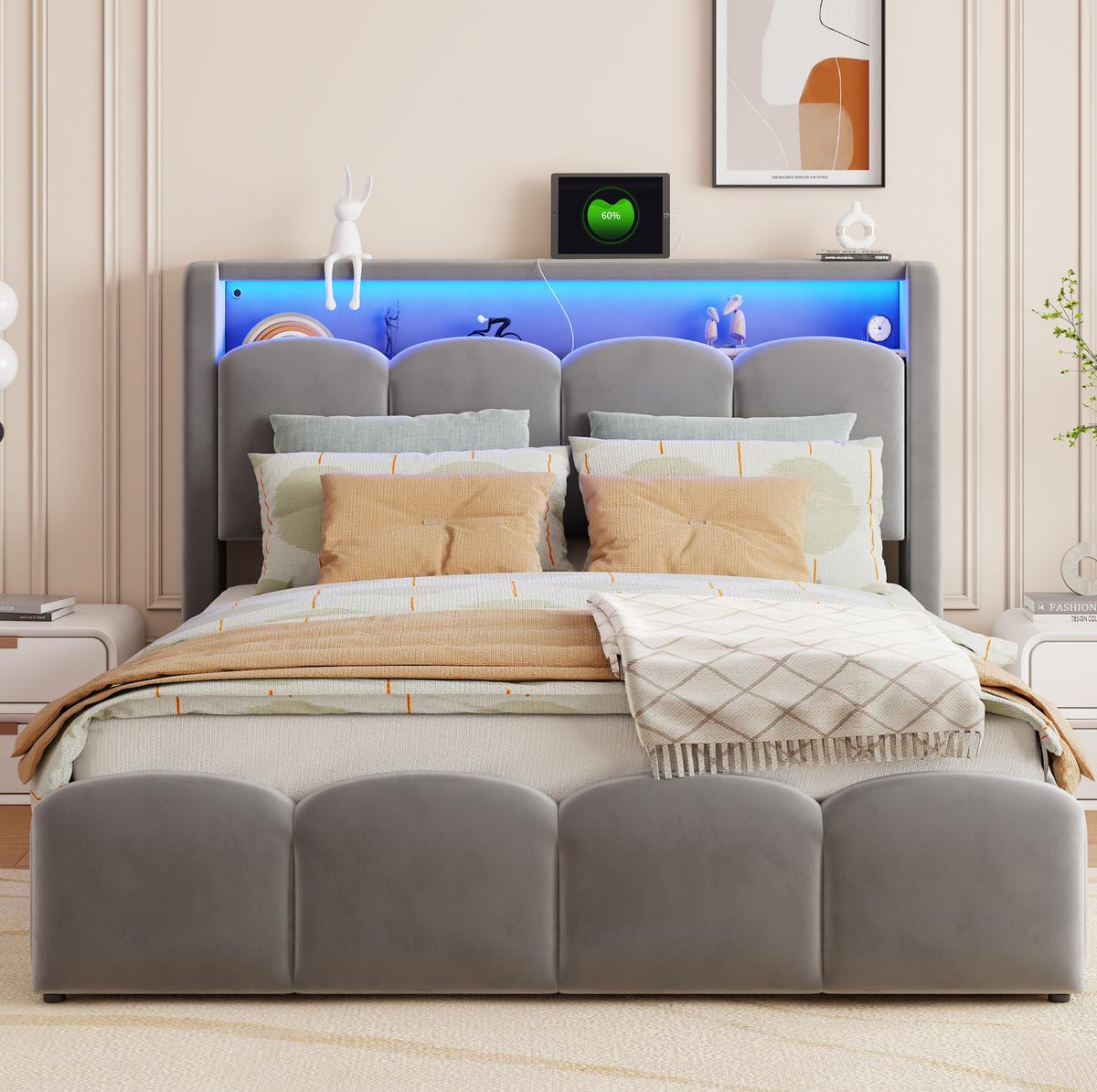 POLSTERBETT 140x200 cm in Grau mit LED, USB-/Typ-C-Anschlüssen und Stauraum - Grau, Textil (140/200cm) - IVMEU