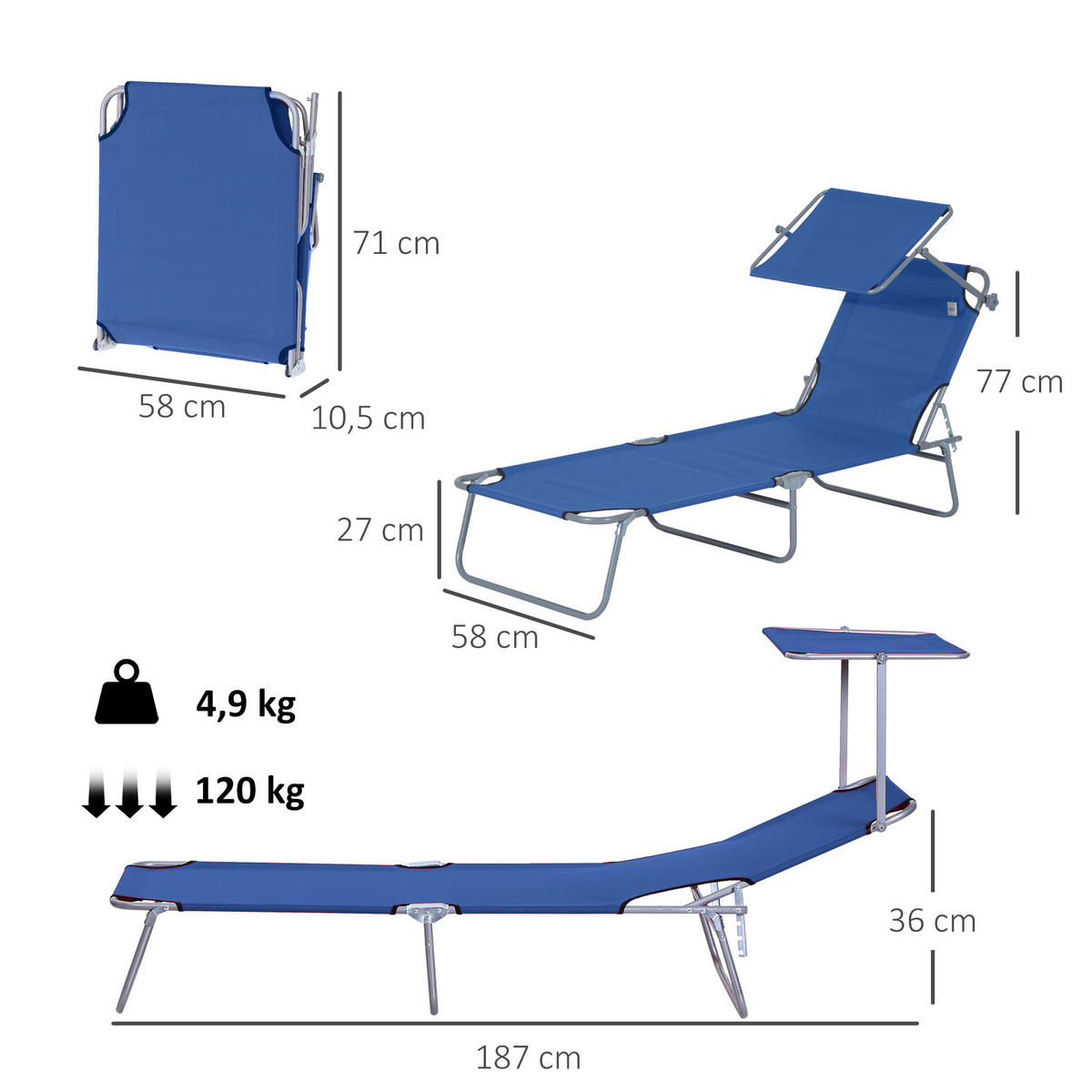 SONNENLIEGE DE-07704 klappbar, mit Sonnenschutz, verstellbare Rückenlehne Blau - Blau, Metall (58/36/187cm) - ComfortXL
