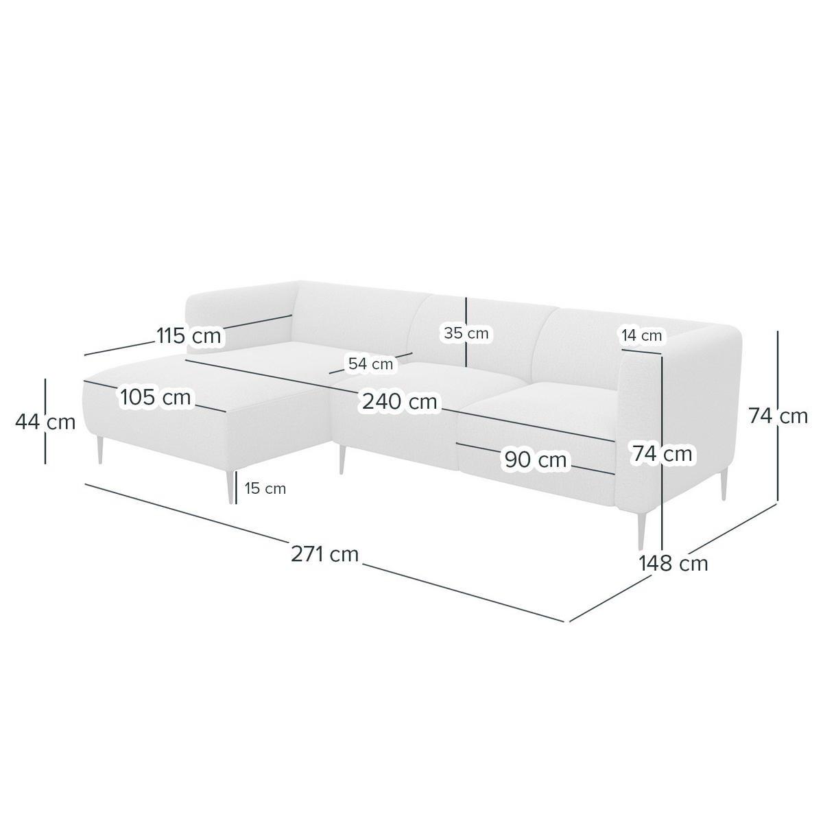 2,5-SITZER ECKSOFA mit Longchair - Schwarz/Grau, Textil/Metall (271/148cm) - home24