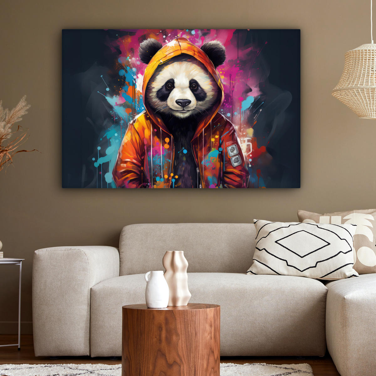 LEINWANDBILD Panda - Jacke - Graffiti - Orange XXL 150x100 cm - Orange, Textil (150/100cm) - MuchoWow