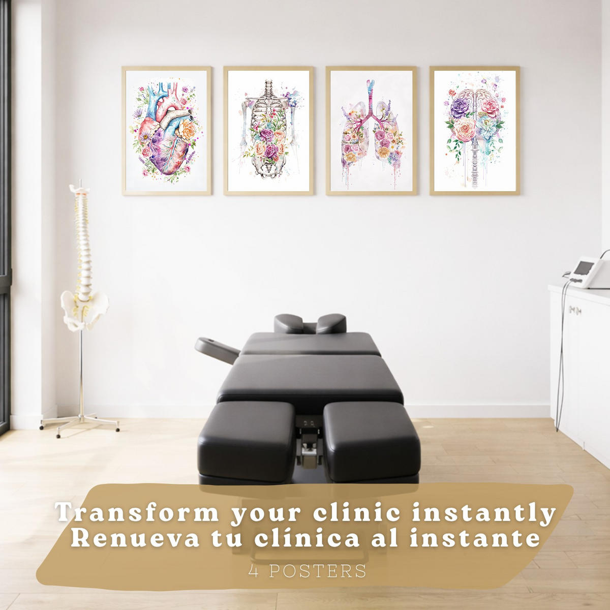 POSTER Set aus 4 Anatomie Mensch Drucke und Wandbilder mit Schädel Skelett Herz und Goldene Lungen Medizinische Wanddekoration Größe Rahmenlos A3 - Klar, Papier (29.7/42/3cm) - Nacnic