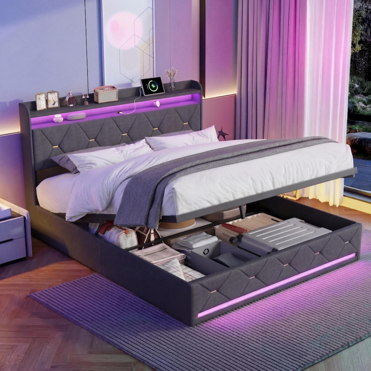 POLSTERBETT 140x200 cm Grau, Doppelbett mit Bettkasten, RGB-LED und USB - Grau, Holz (140/200cm) - PARAFTA HOME