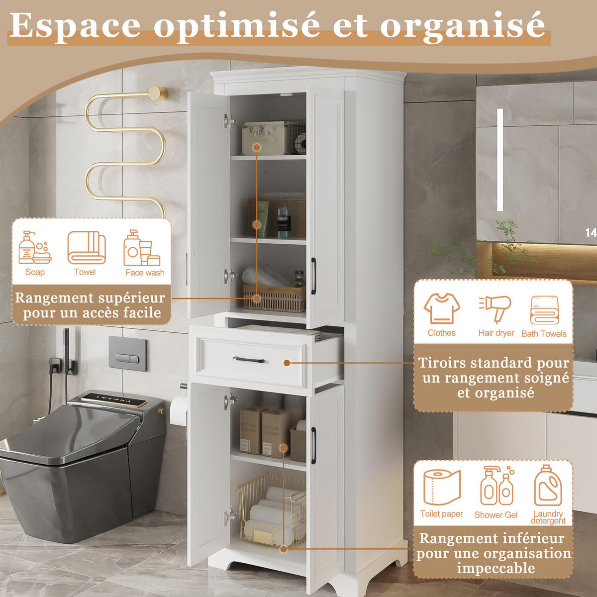 BUFFET Badschrank mit 3 Schubladen & Einlegeboden, Weiß, Einheitsgröße / MDF - Weiß, Holzwerkstoff (57.4/182/37.8cm) - EVRYAE