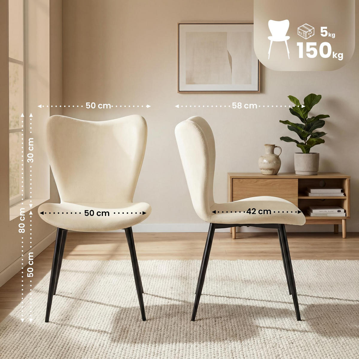 ESSZIMMERSTUHL Samt Creme - Creme/Schwarz, Textil/Metall (50/80/58cm) - CLP
