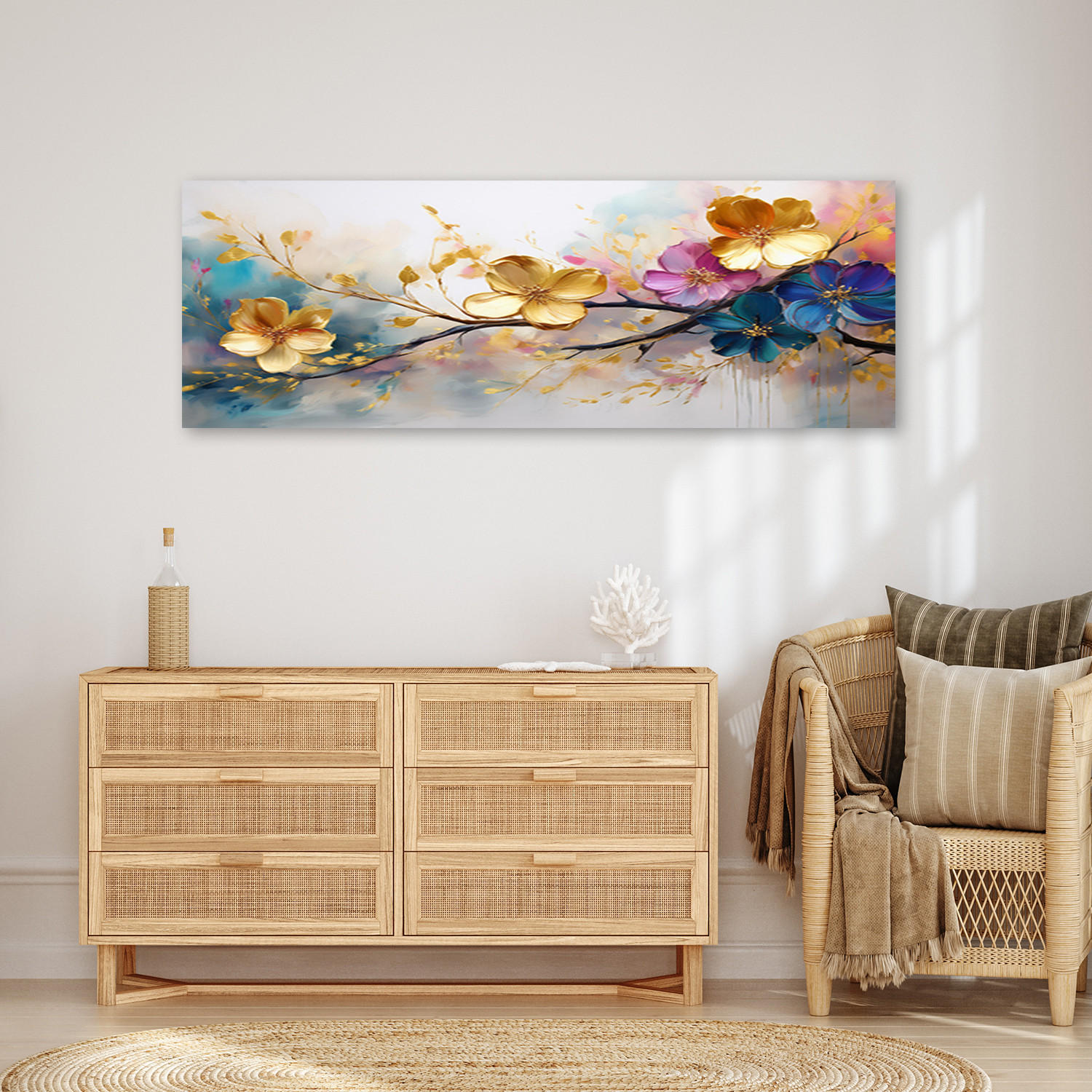 WANDBILD blühende bunte glamour blumen - Goldfarben, Textil (90/30cm) - Feeby