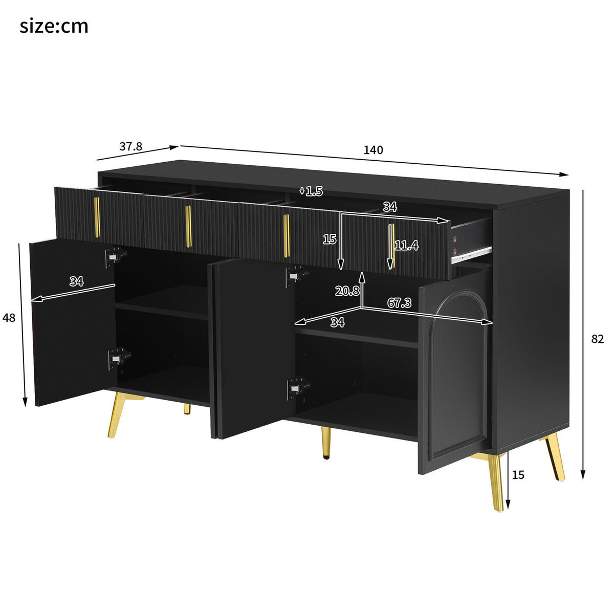 SIDEBOARD Schwarz 140/37,8/82 cm - Schwarz, Holzwerkstoff/Metall (37.8/82/140cm) - Urban Meuble