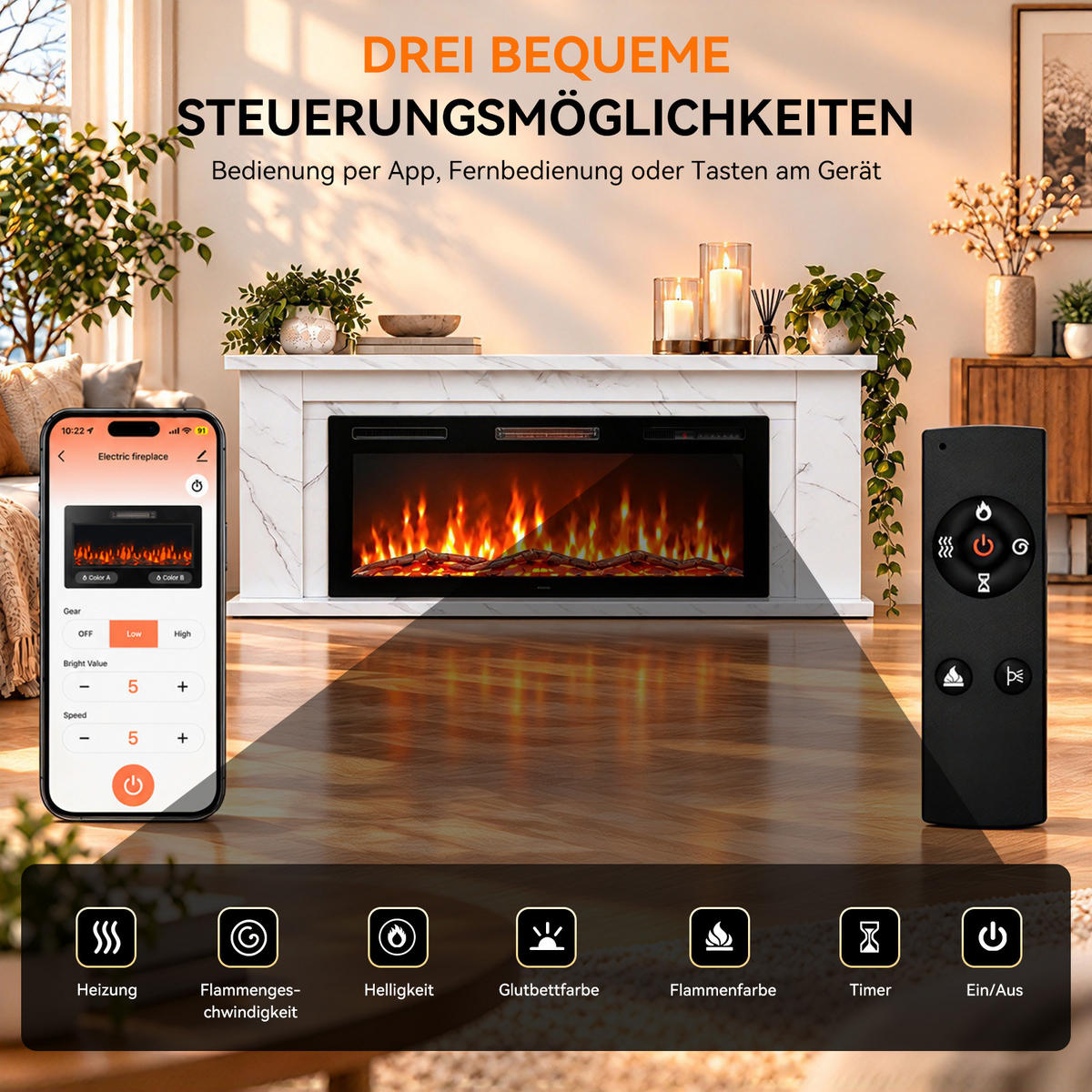ELEKTROKAMIN 50E-2, 50 Zoll, 1000/2000 W Heizleistung, Steuerung über App - Weiß, Holzwerkstoff (27.5/66/178cm)