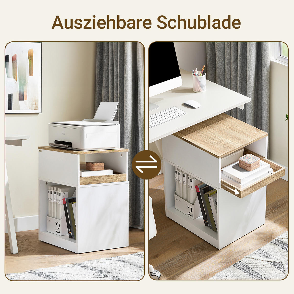 ROLLCONTAINER Druckertisch, Weiß-Natur 40x65x50cm - Weiß, Holzwerkstoff (40/65/50cm) - SoBuy