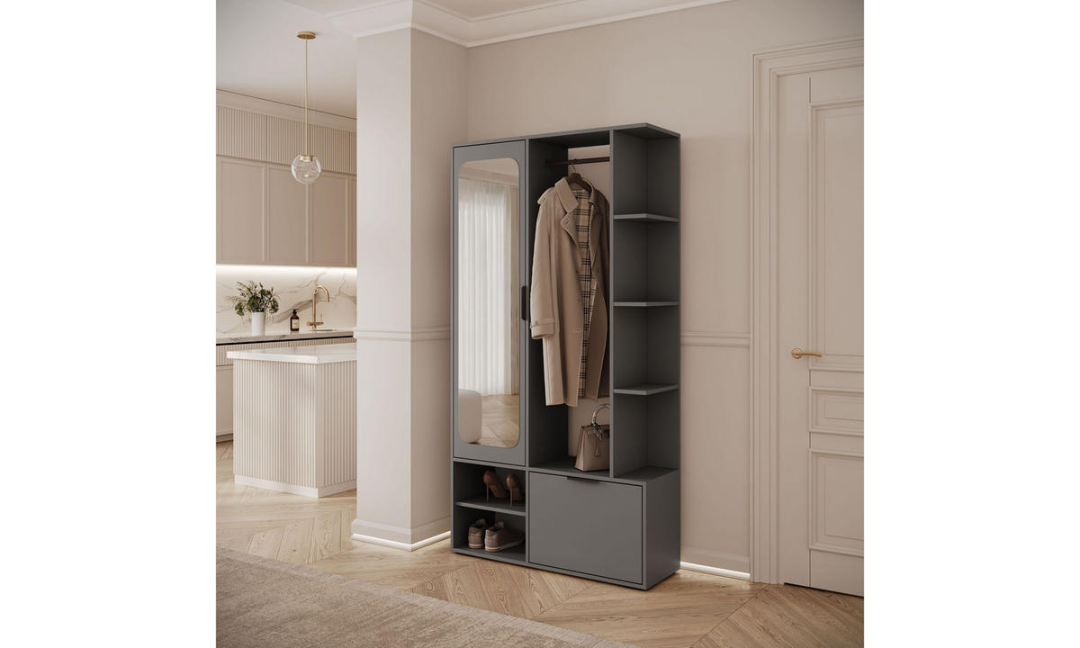 GARDEROBE NOLA 100/33,1/188,5 cm Grau matt mit Spiegel und Schuhschrank - Grau, Holzwerkstoff/Metall (100/188.5/33.1cm) - Lookway