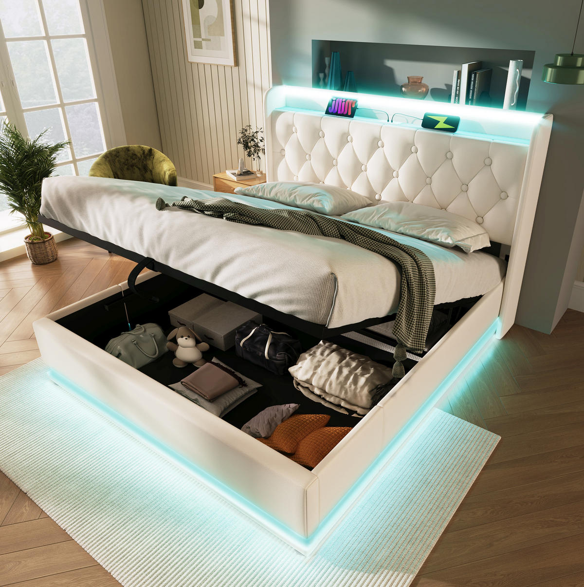 POLSTERBETT mit LED, Stauraum & Matratze 140x200 cm PU Weiß - Weiß, Metall (140/200cm) - Meubliv