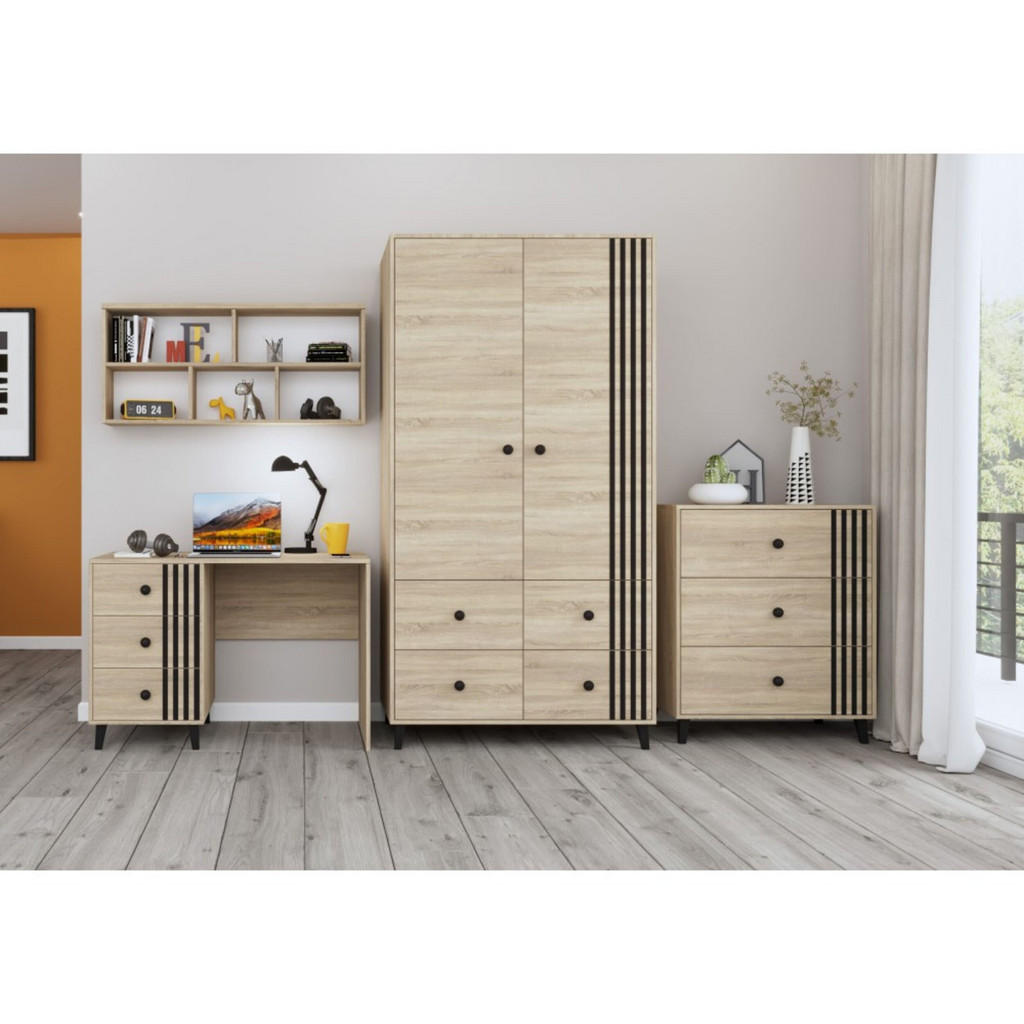 Thumbnail - Möblo Drehtürenschrank, Sonoma Eiche, Metall, 4 Schubladen, Rechteckig, 104x202x55 cm, Schlafzimmer, Kleiderschränke, Dr...