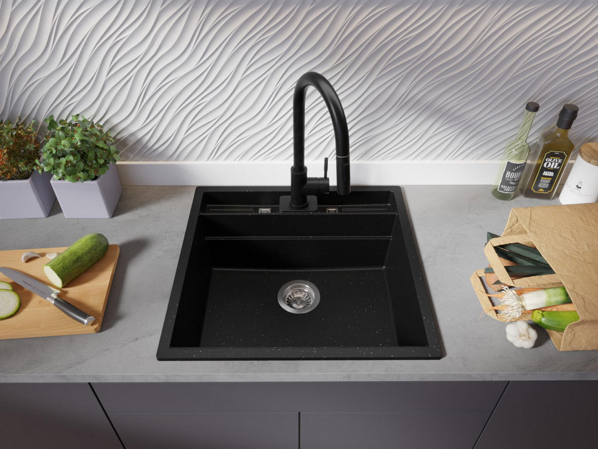 SPÜLBECKEN Bergen Pocket, 2-er set Schwarz Metallic 56/54 cm 1 Becken + Ablauf-Set + Küchenzubehörset ab 60er Unterschrank - Chromfarben/Schwarz Hochglanz, Kunststoff (56/20/54cm) - Primagran